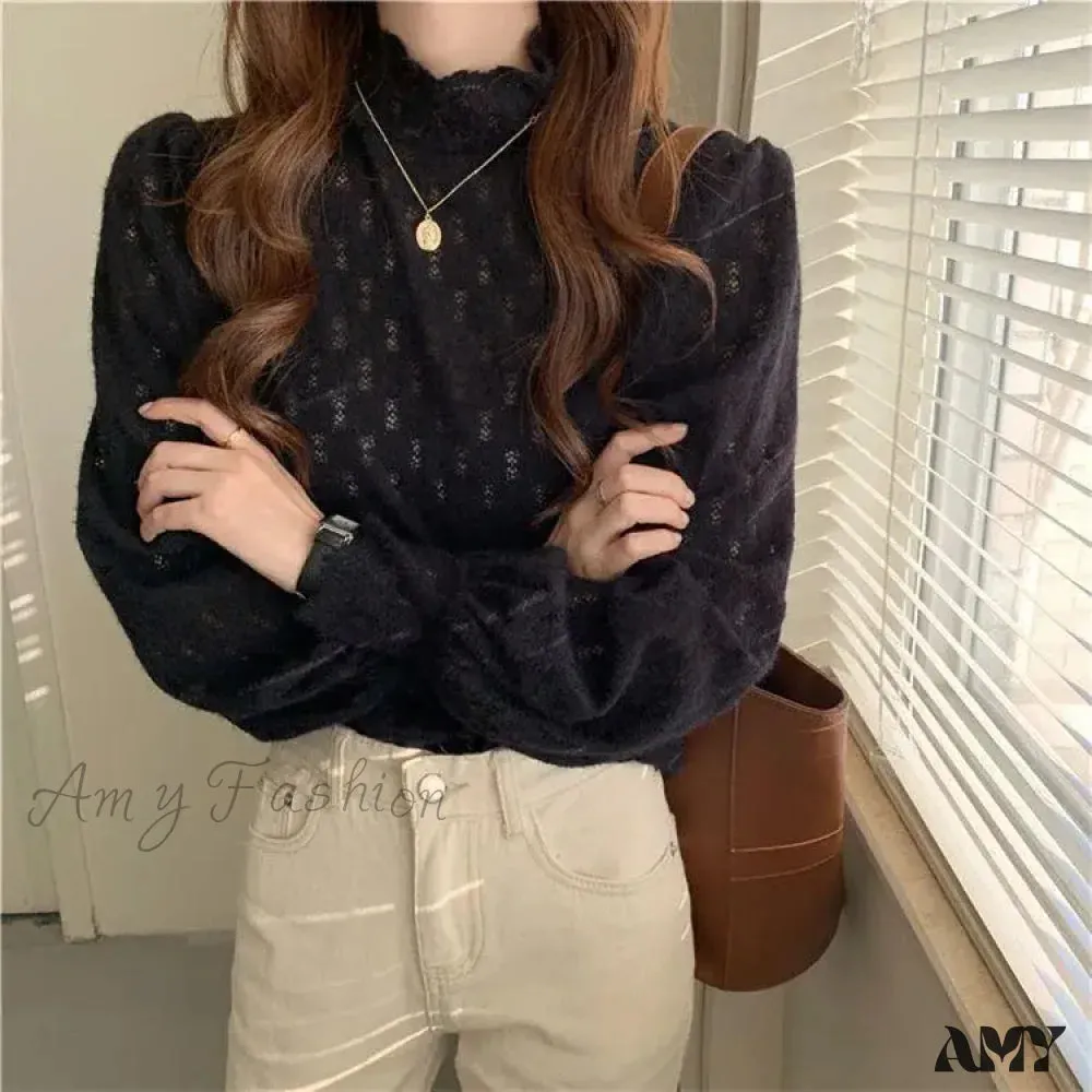 Elegant Floral Turtleneck Lace Autumn Long Sleeve Fashion Spring Lady Top Blouse