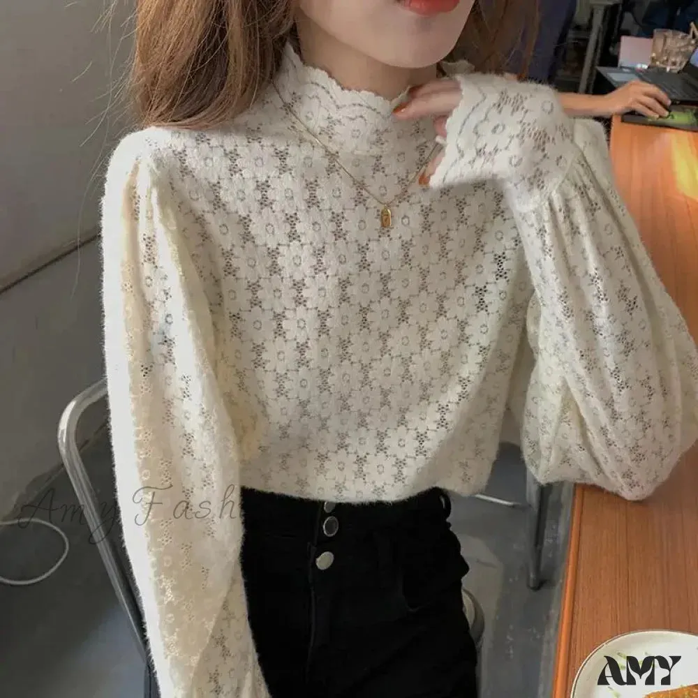 Elegant Floral Turtleneck Lace Autumn Long Sleeve Fashion Spring Lady Top Blouse