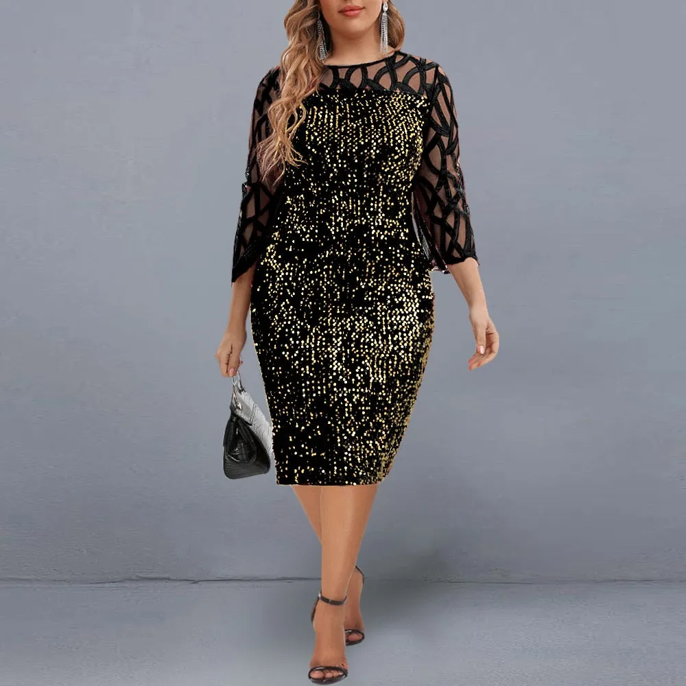 Elegant Sequin Evening Party Dresses 2022 Spring Mesh Patchwork Casual Midi Dress