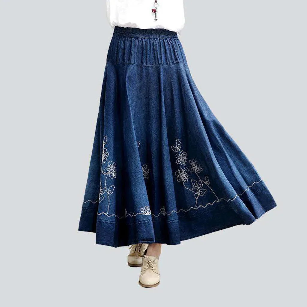 Embroidered flare women's jean skirt