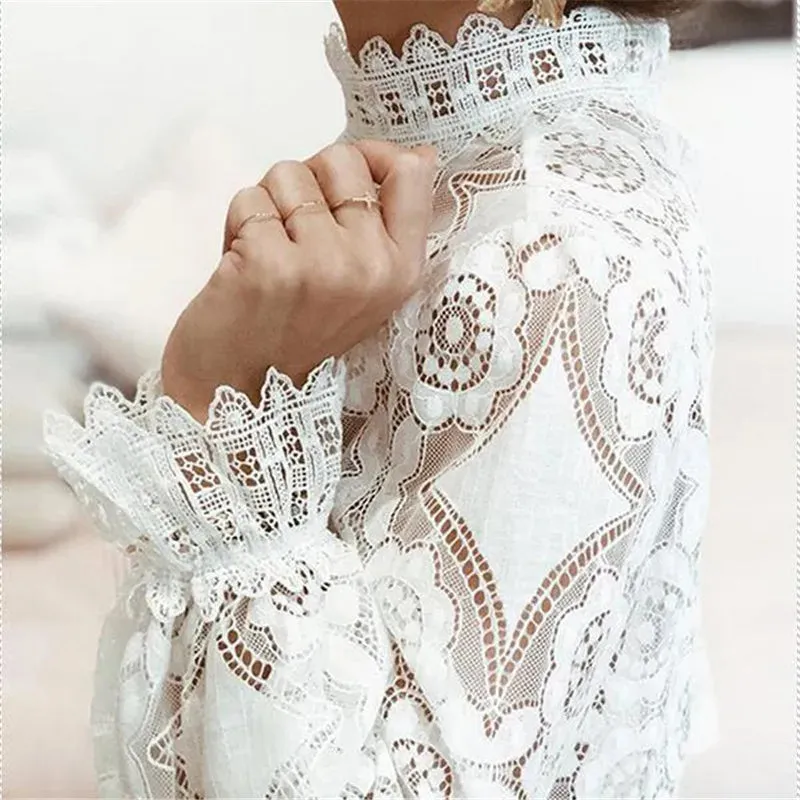 Embroidery Formal Long Sleeve Office Lady Flower Hollow Women Clothing Lace Blouse