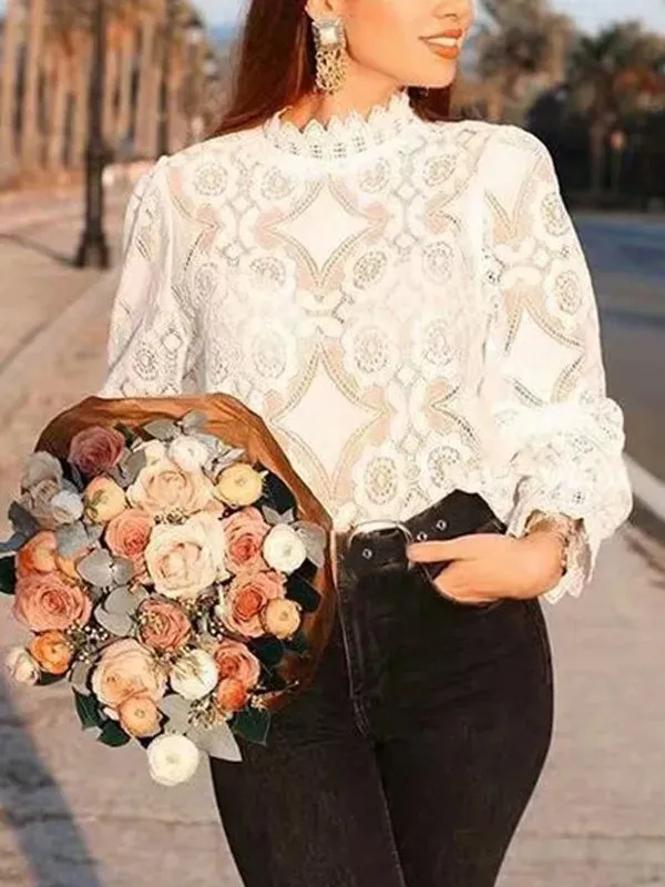 Embroidery Formal Long Sleeve Office Lady Flower Hollow Women Clothing Lace Blouse