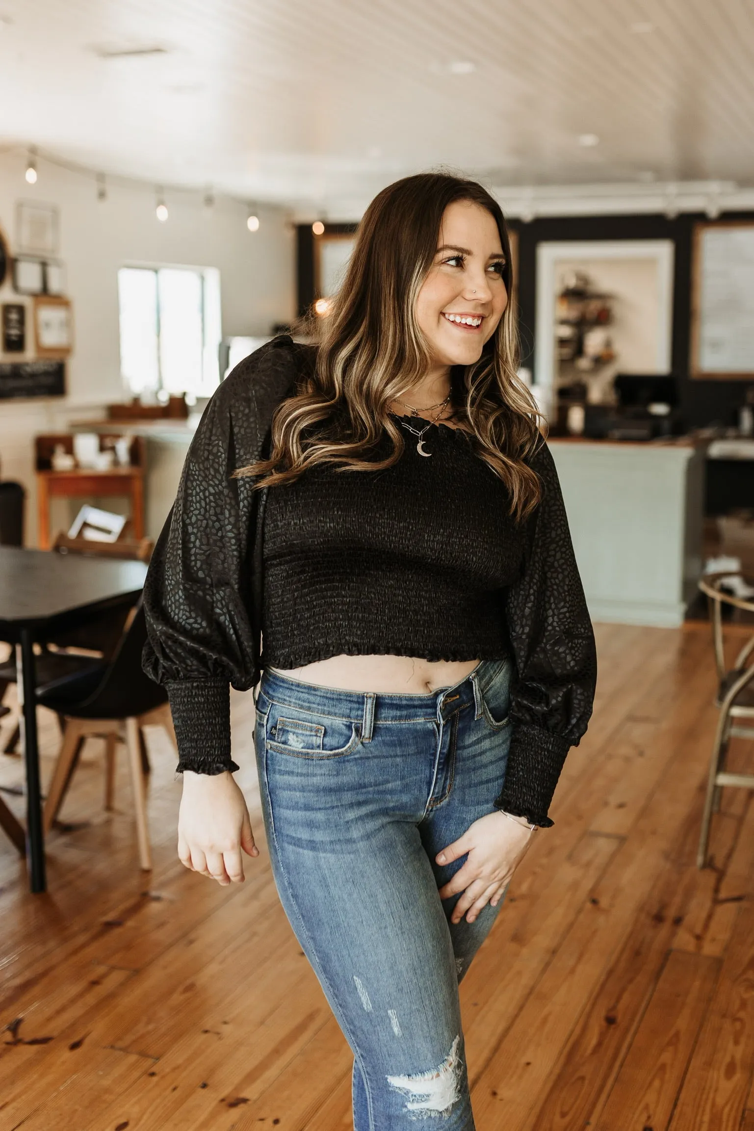 First Class Satin Dotted Crop Top with Long Sleeves in Black