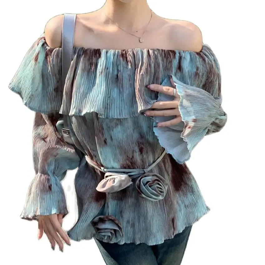 Girlary Blue Retro Blouses Daily Tie-Dying Ruffles Autumn Chic Loose Slash Neck Slim Office Lady Full Sleeve Ruffles