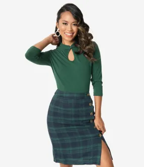 Green Plaid High Waist Knee Length Skirt