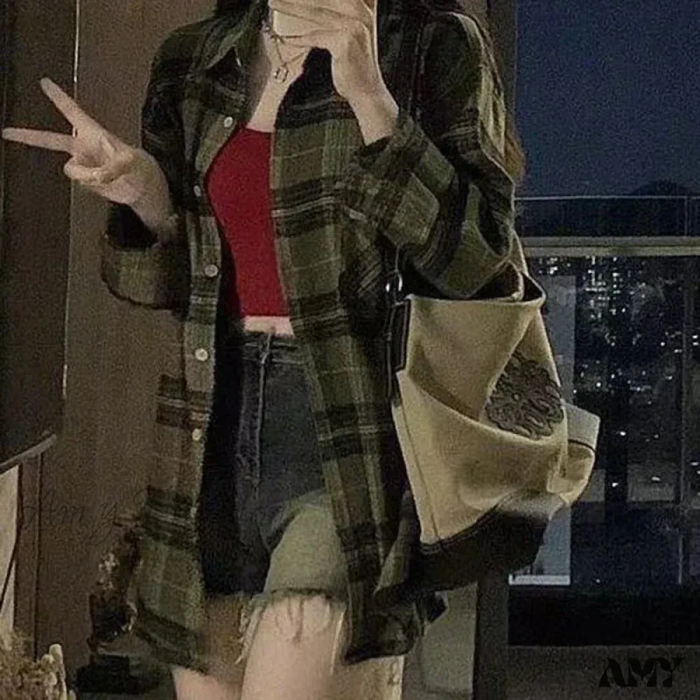 Green Plaid Streetwear Korean Office Lady Oversize Casual Preppy Tops Blouse