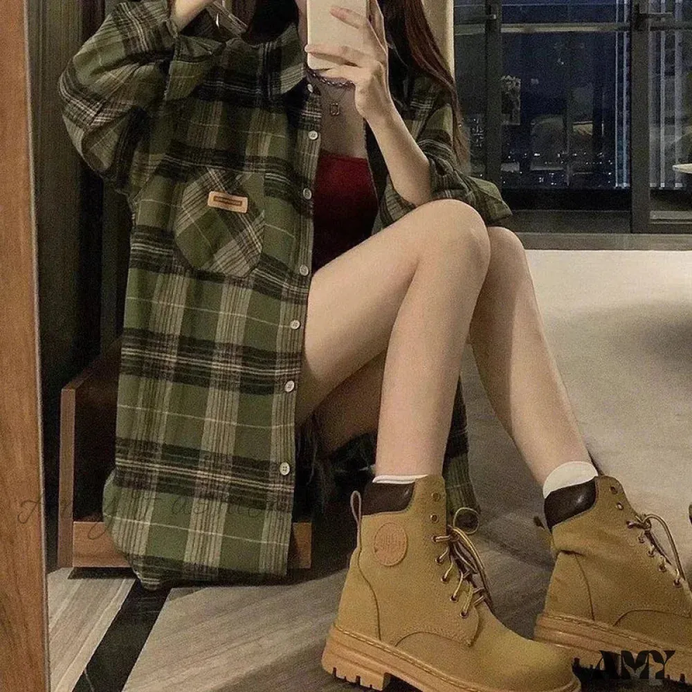 Green Plaid Streetwear Korean Office Lady Oversize Casual Preppy Tops Blouse