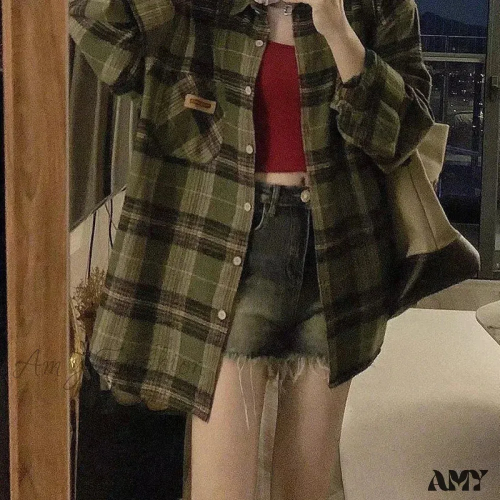 Green Plaid Streetwear Korean Office Lady Oversize Casual Preppy Tops Blouse