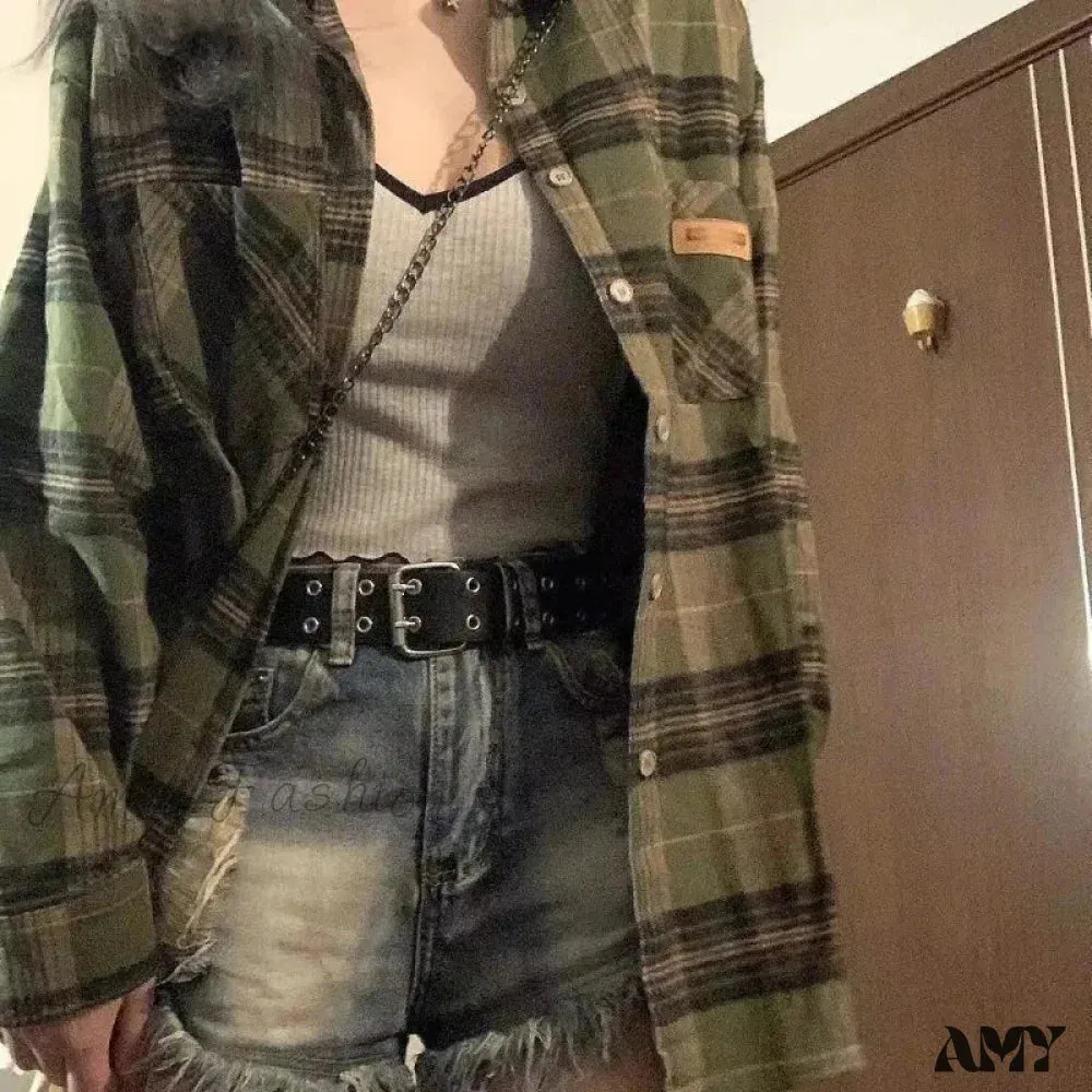 Green Plaid Streetwear Korean Office Lady Oversize Casual Preppy Tops Blouse