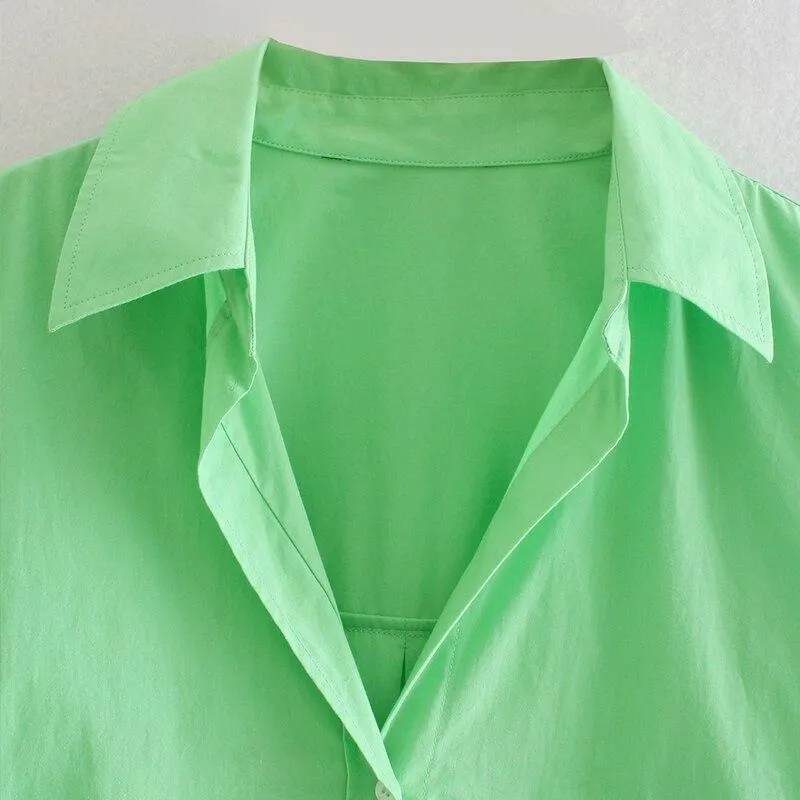 Green shirt blouse for womens Summer Lapel Asymmetrical Hem Poplin