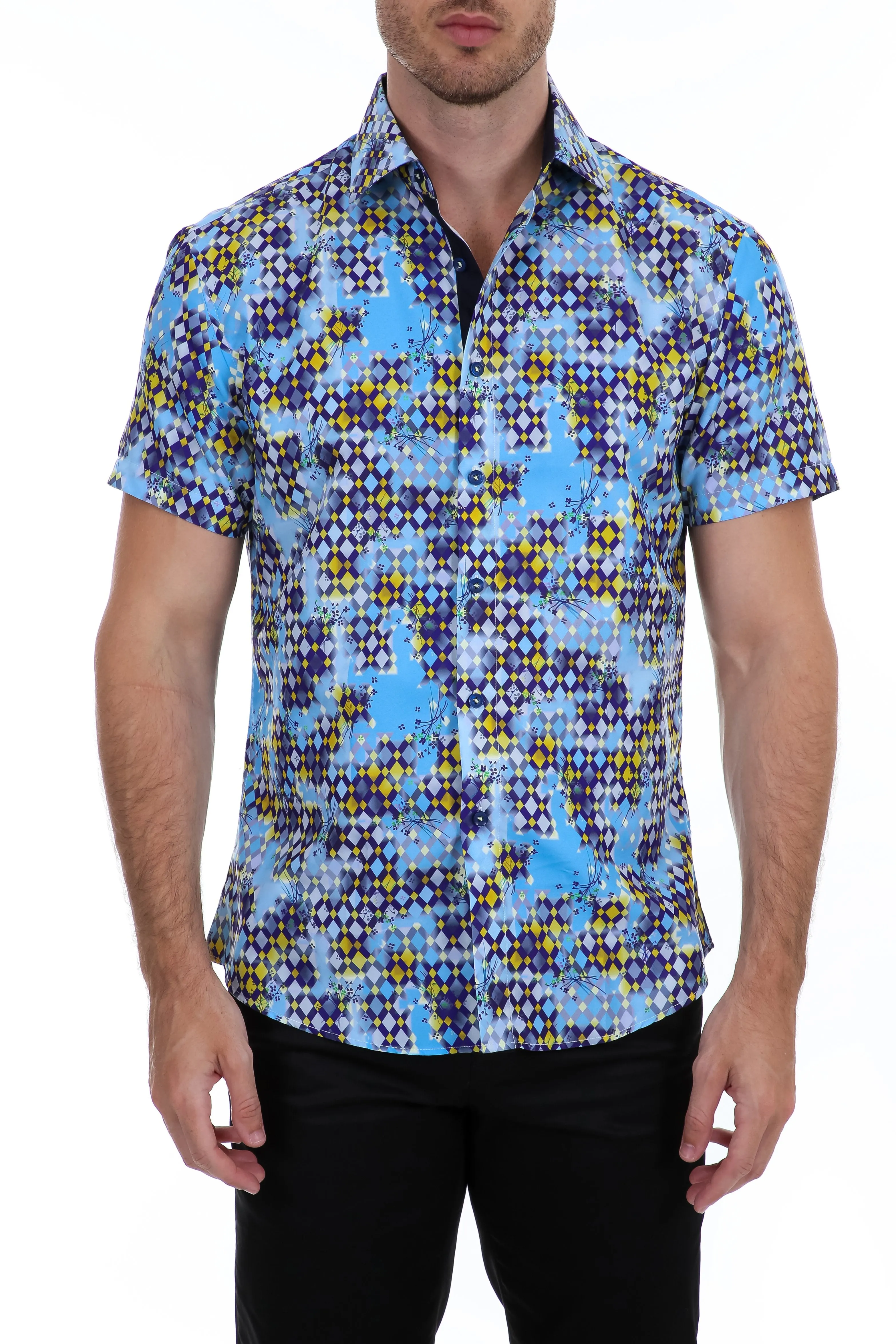 Hive Print Light Blue Short Sleeve Dress Shirt