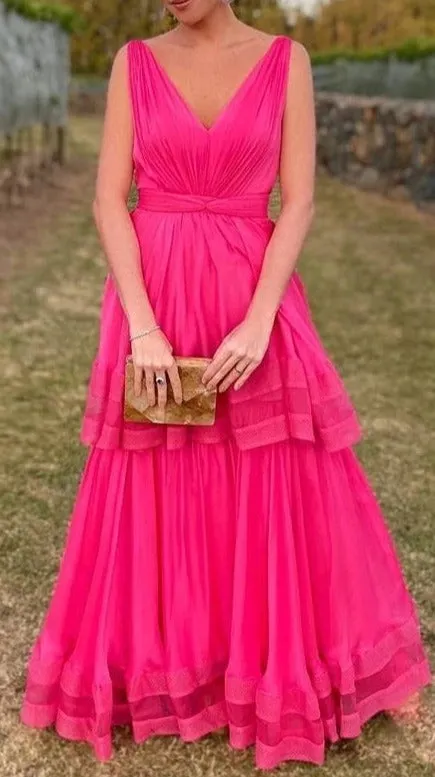 kamahe Hot Pink V-Neck A-Line Chiffon Two Layers Evening Dresses Long Prom Dresses