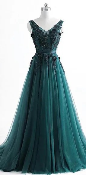 kamahe V Neck Dark Green Cheap Long Evening Prom Dresses, Sweet 16 Prom Dresses, 12378