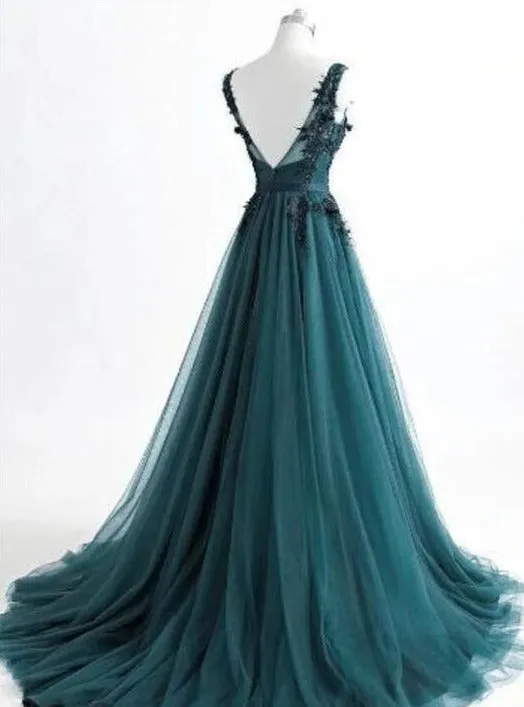 kamahe V Neck Dark Green Cheap Long Evening Prom Dresses, Sweet 16 Prom Dresses, 12378