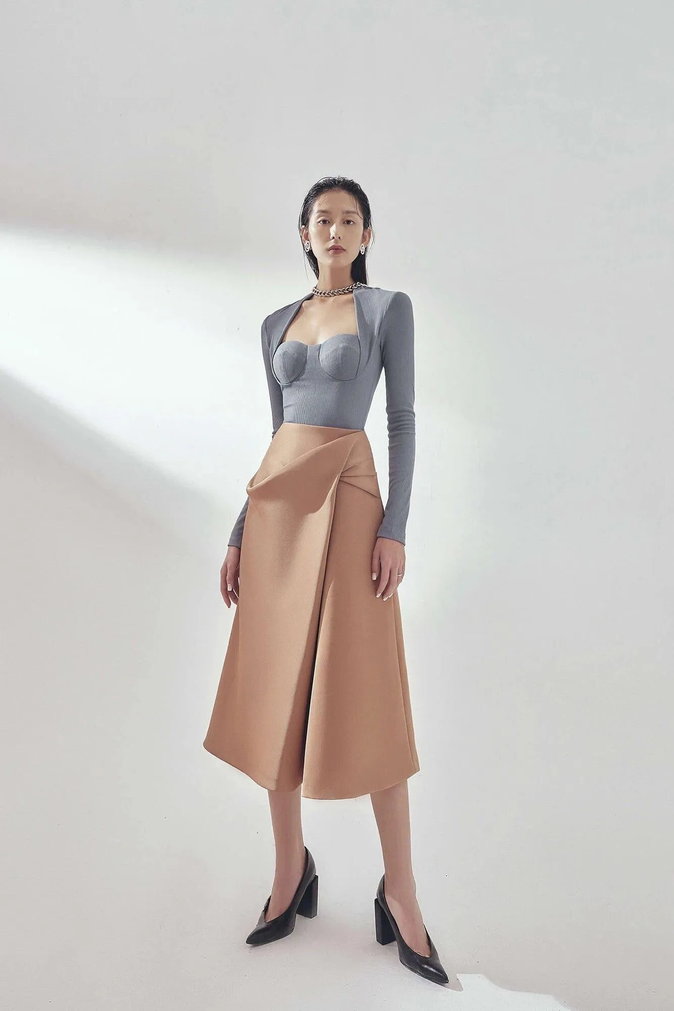 Khaki brown tailored midi skirt - Spinel