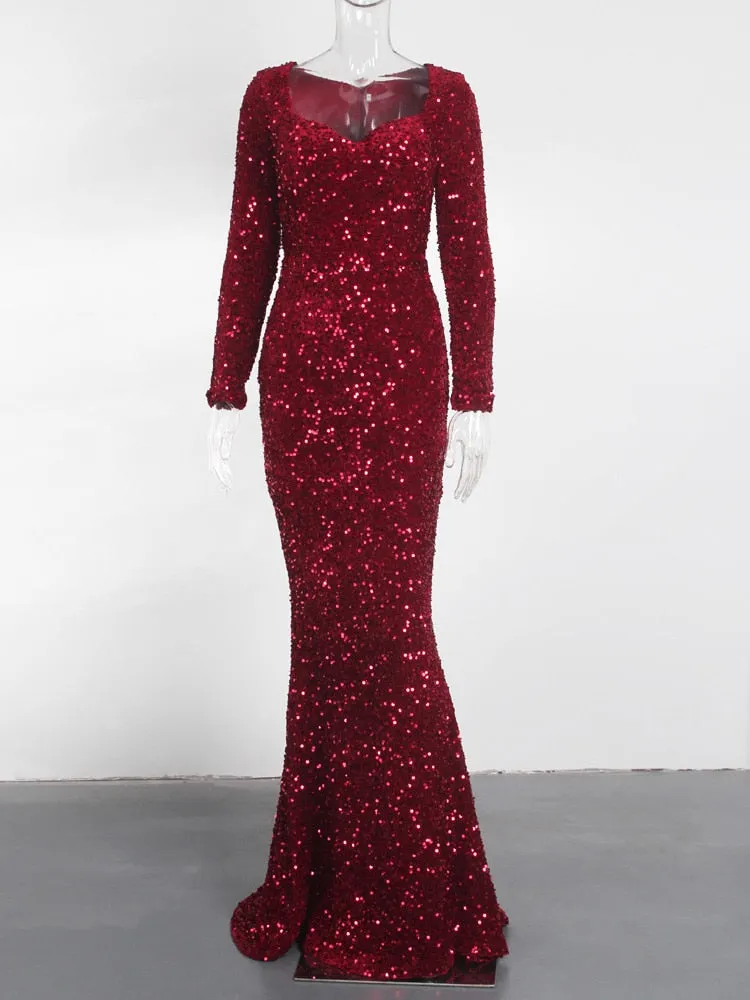 LANFUBEISI Luxury Black Long Sleeve Evening Gown Sequin Stretchy Velvet V Neck Mermaid Prom Floor Length Dress Burgundy Winter