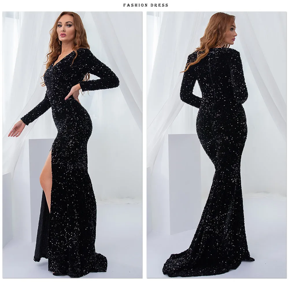 LANFUBEISI Luxury Black Long Sleeve Evening Gown Sequin Stretchy Velvet V Neck Mermaid Prom Floor Length Dress Burgundy Winter