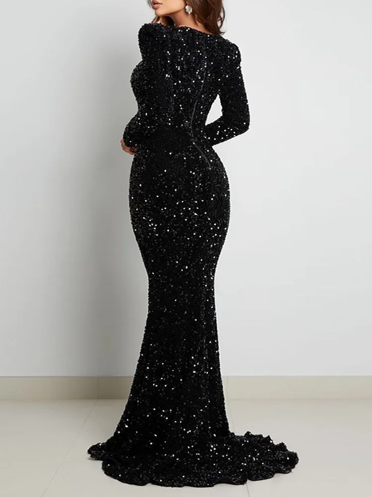 LANFUBEISI Luxury Black Long Sleeve Evening Gown Sequin Stretchy Velvet V Neck Mermaid Prom Floor Length Dress Burgundy Winter