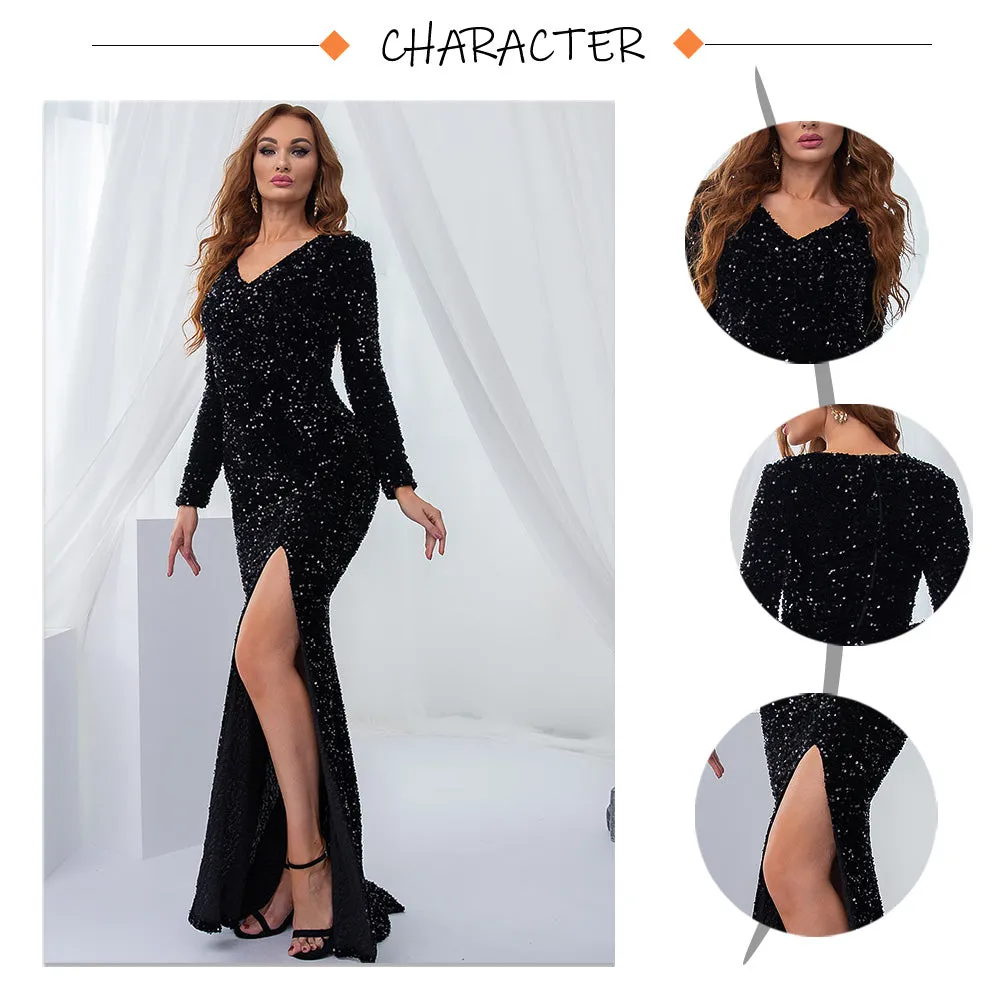 LANFUBEISI Luxury Black Long Sleeve Evening Gown Sequin Stretchy Velvet V Neck Mermaid Prom Floor Length Dress Burgundy Winter