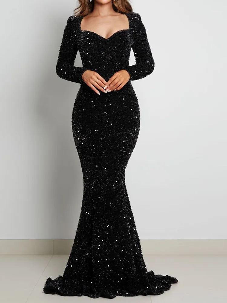 LANFUBEISI Luxury Black Long Sleeve Evening Gown Sequin Stretchy Velvet V Neck Mermaid Prom Floor Length Dress Burgundy Winter