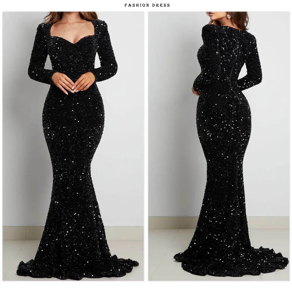 LANFUBEISI Luxury Black Long Sleeve Evening Gown Sequin Stretchy Velvet V Neck Mermaid Prom Floor Length Dress Burgundy Winter