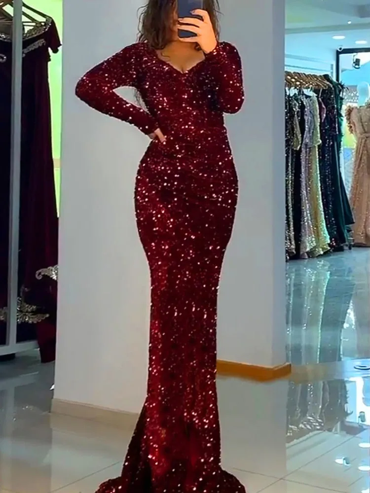 LANFUBEISI Luxury Black Long Sleeve Evening Gown Sequin Stretchy Velvet V Neck Mermaid Prom Floor Length Dress Burgundy Winter