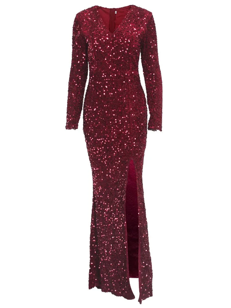 LANFUBEISI Luxury Black Long Sleeve Evening Gown Sequin Stretchy Velvet V Neck Mermaid Prom Floor Length Dress Burgundy Winter