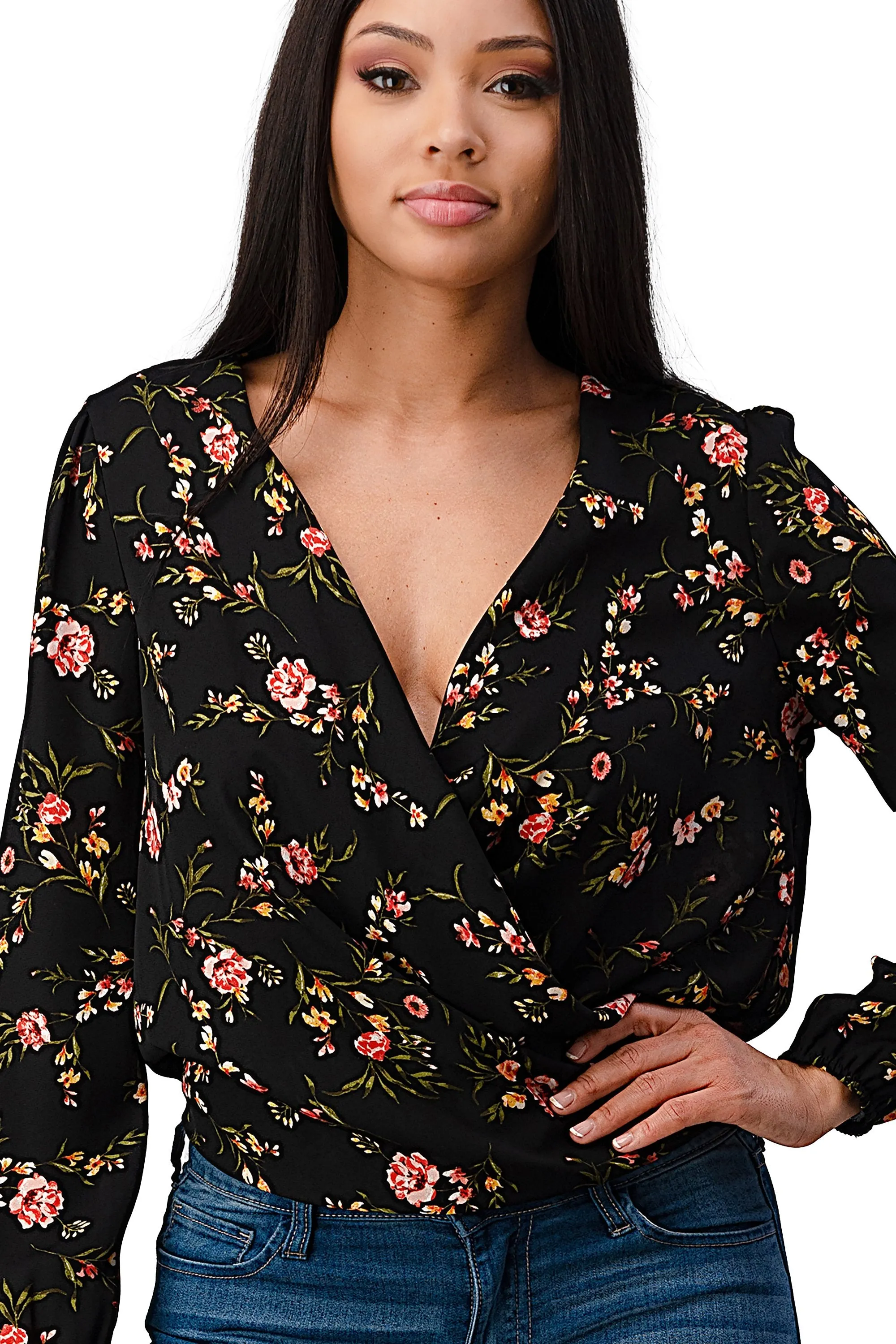 Long Sleeve Floral Surplice Blouse Top