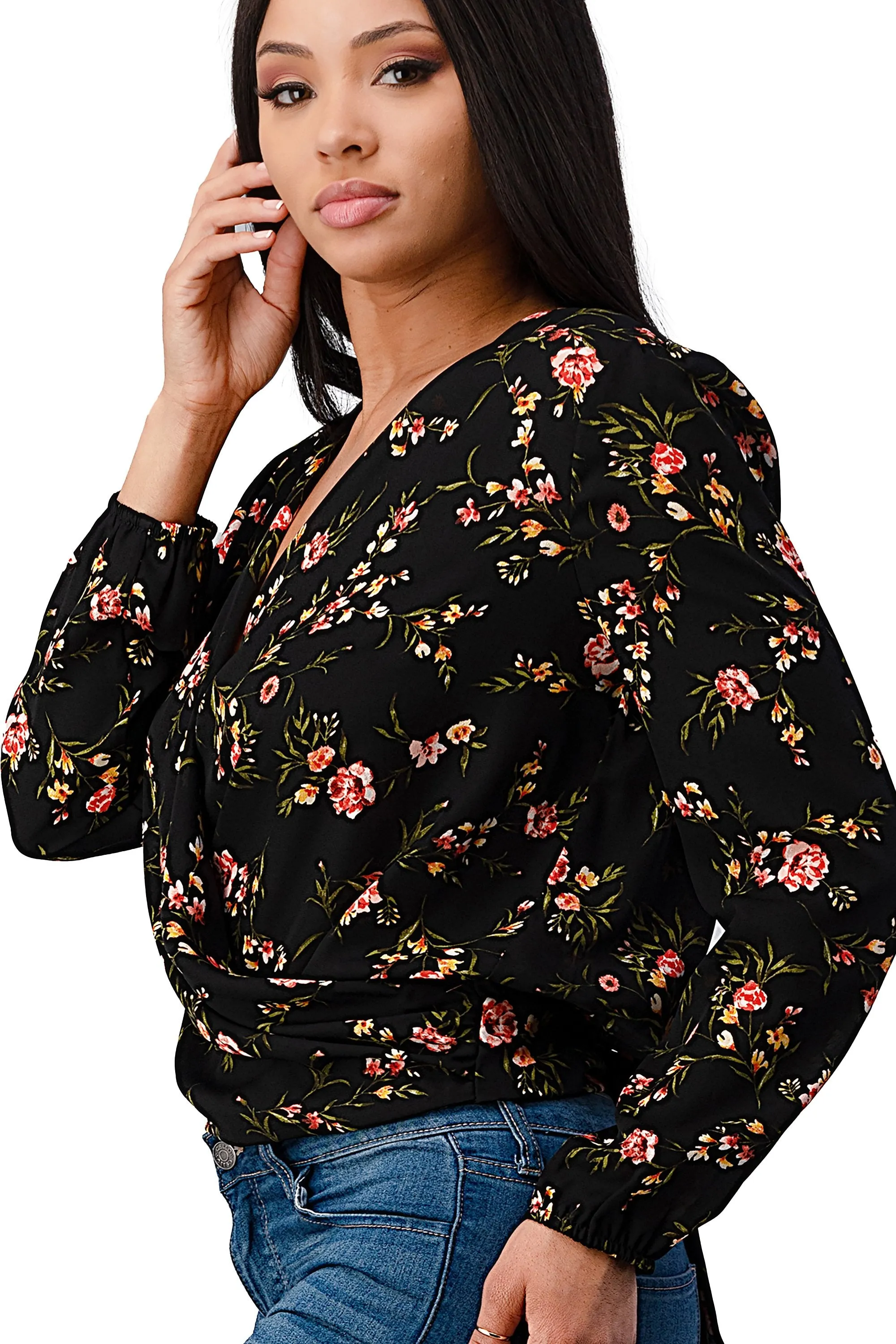 Long Sleeve Floral Surplice Blouse Top