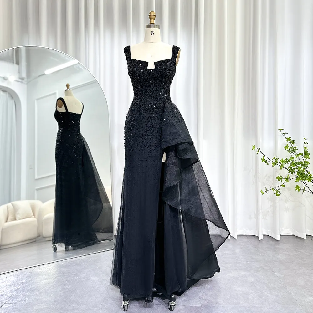 Luxury Beaded Black Evening Dress with High Slit SS385