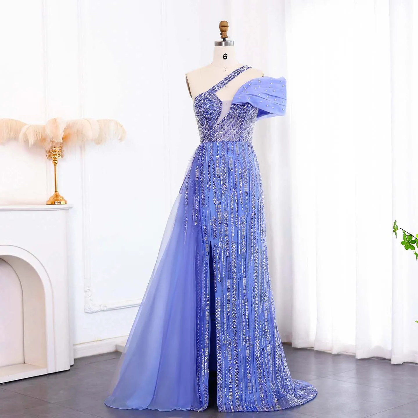 Luxury One Shoulder Blue Evening Dress with Side Skirt SS023