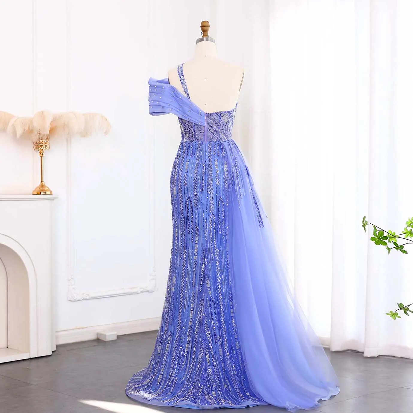 Luxury One Shoulder Blue Evening Dress with Side Skirt SS023