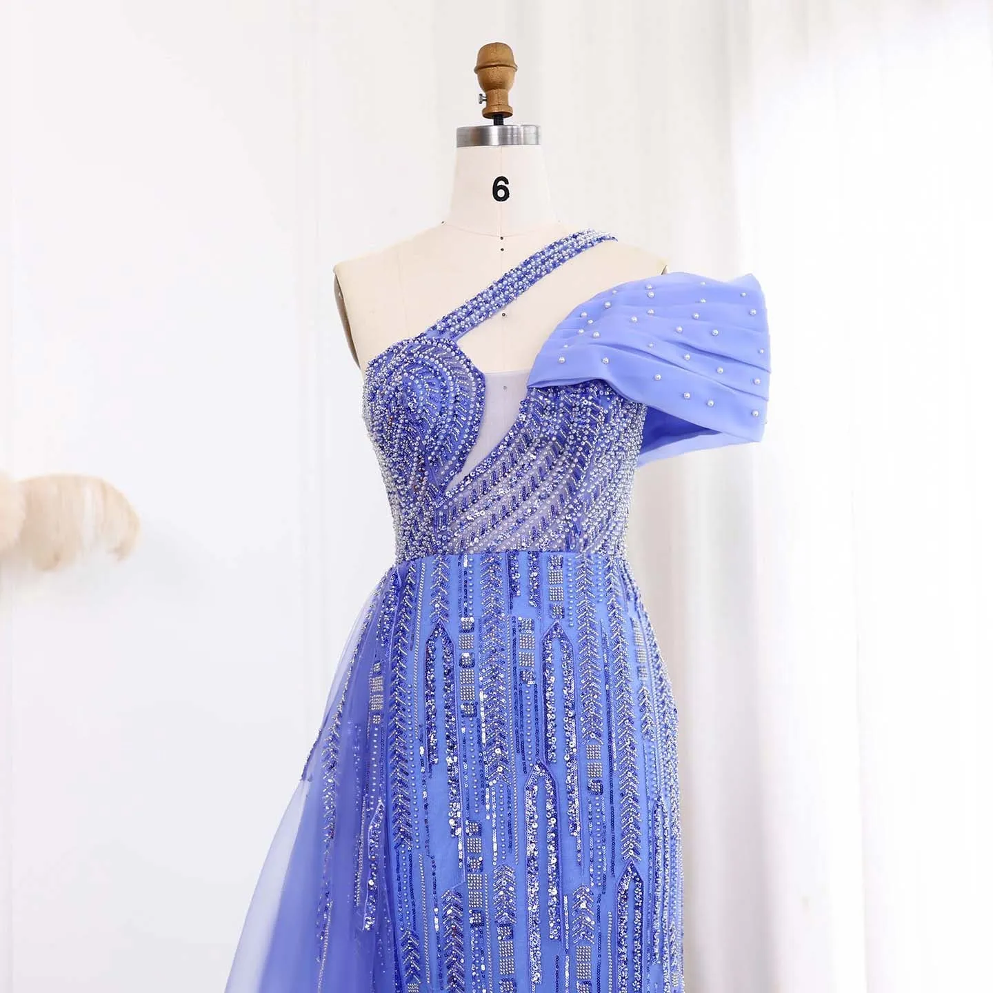 Luxury One Shoulder Blue Evening Dress with Side Skirt SS023