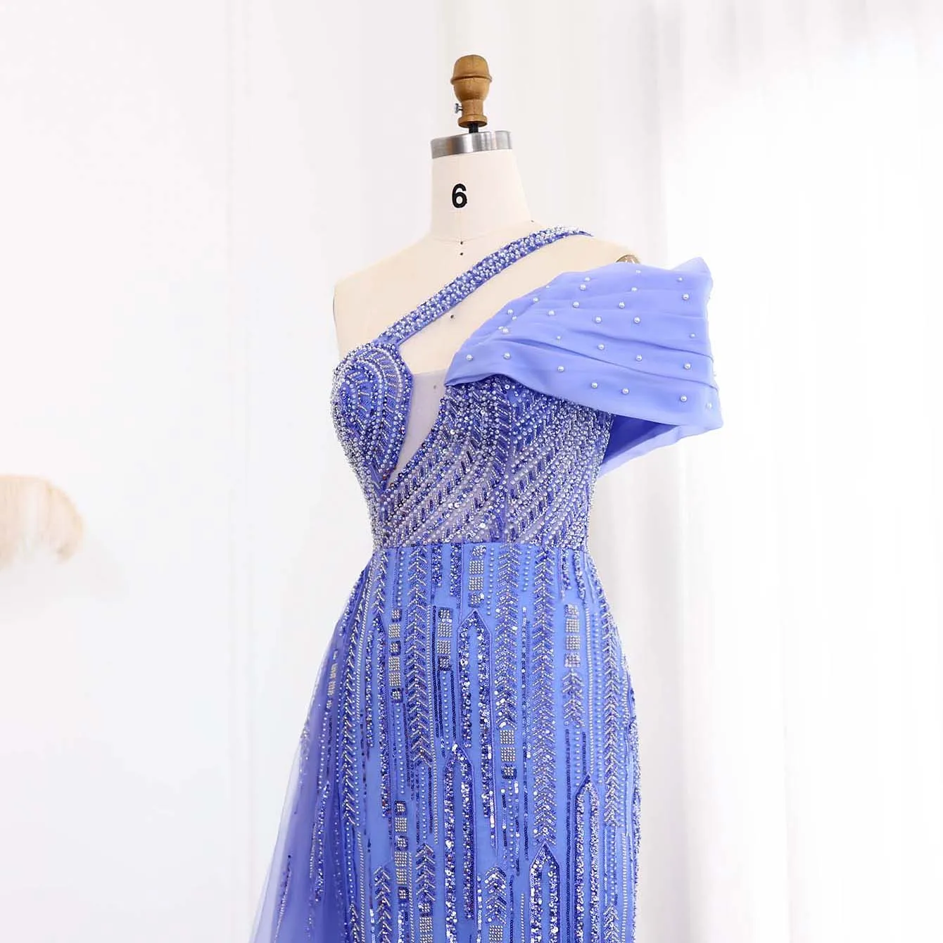 Luxury One Shoulder Blue Evening Dress with Side Skirt SS023