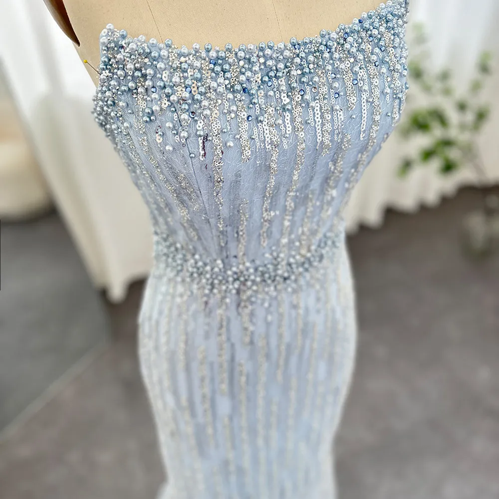 Luxury Pearls Blue Strapless Evening Dress with Gloves SS395