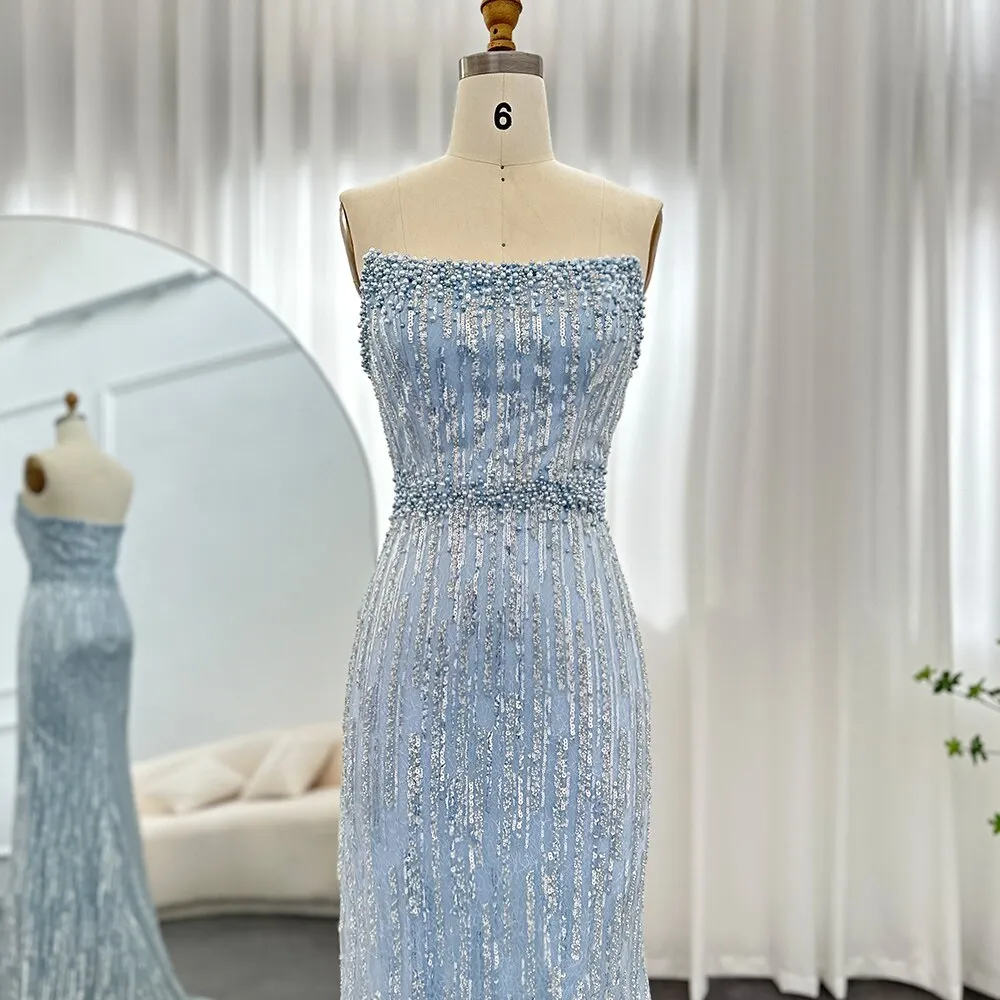 Luxury Pearls Blue Strapless Evening Dress with Gloves SS395