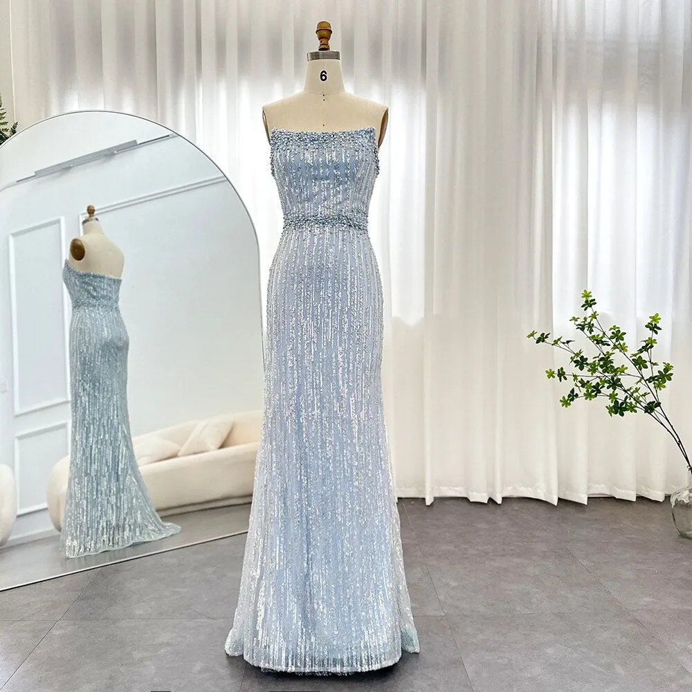 Luxury Pearls Blue Strapless Evening Dress with Gloves SS395