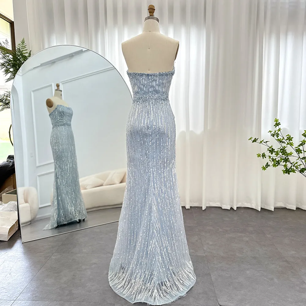 Luxury Pearls Blue Strapless Evening Dress with Gloves SS395