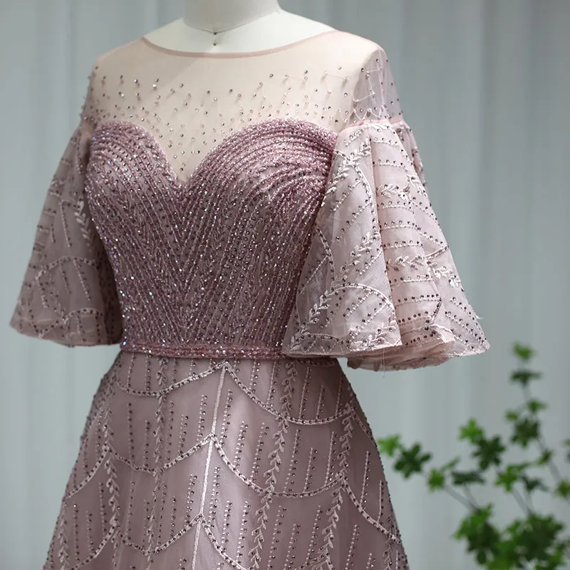 Luxury Pink Flare Sleeve Evening Dress SS057