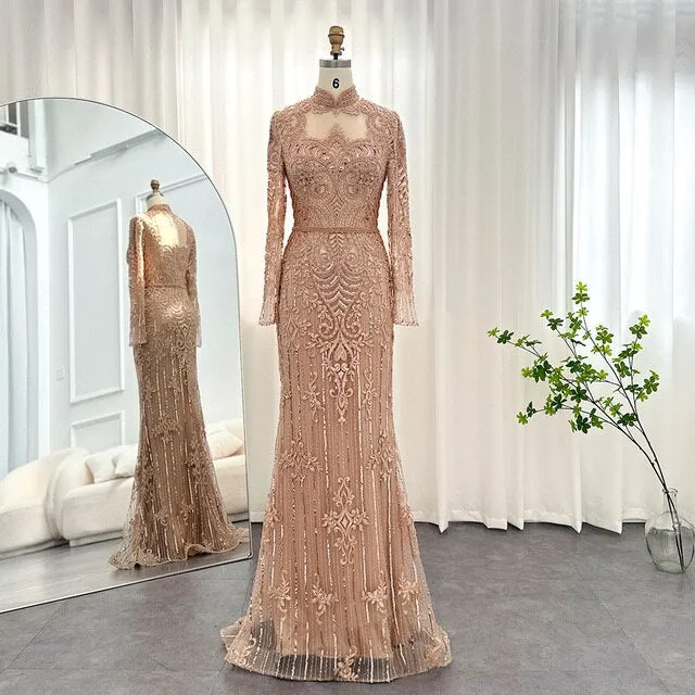 Luxury Rose Gold Long Sleeves Evening Dress SS153