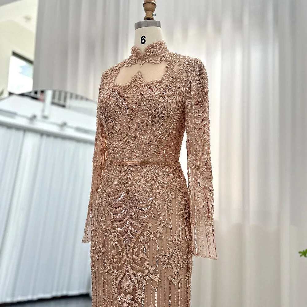 Luxury Rose Gold Long Sleeves Evening Dress SS153