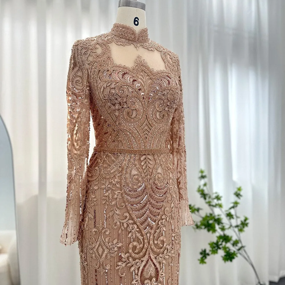 Luxury Rose Gold Long Sleeves Evening Dress SS153