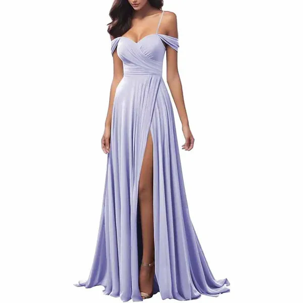 Off Shoulder Bridesmaid Dresses Long Satin Formal Dresses Spaghetti Straps Evening Gown