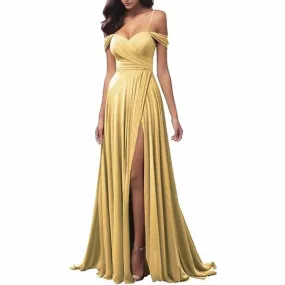 Off Shoulder Bridesmaid Dresses Long Satin Formal Dresses Spaghetti Straps Evening Gown