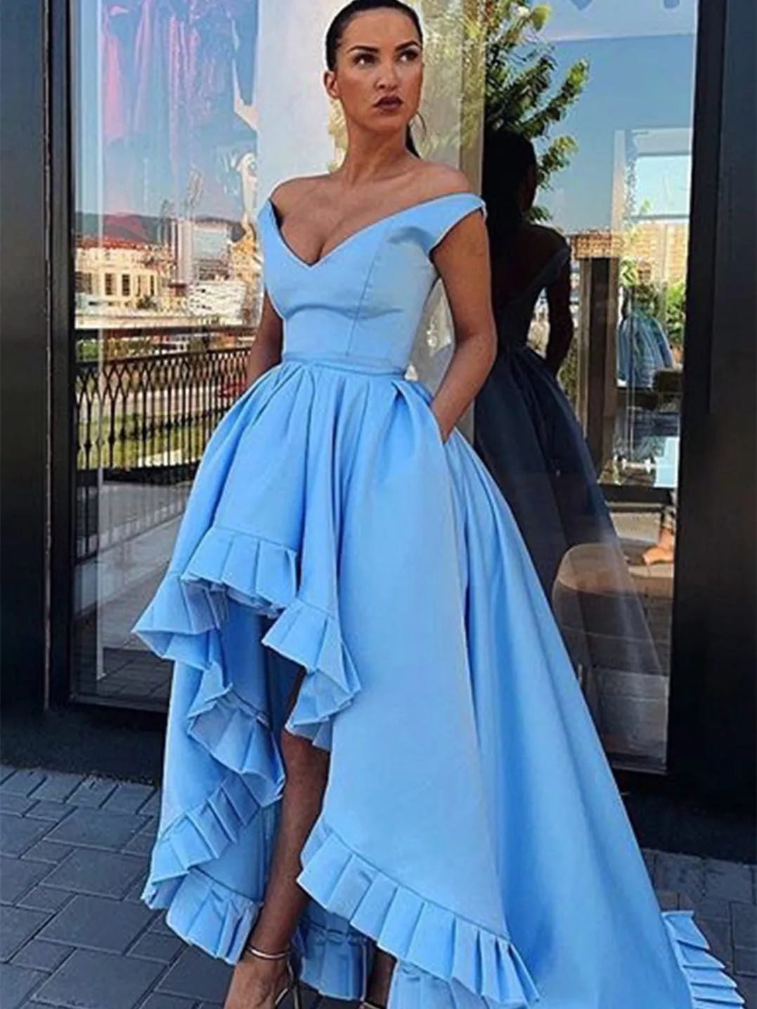 Off Shoulder Hi-low Prom Dresses, Sky Blue Prom Dresses, Long Prom Dresses, 2021 Prom Dresses, Cheap Prom Dresses