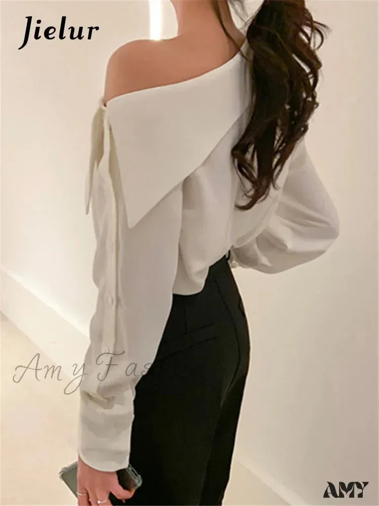 Office Korean Style Black One Shoulder Sexy Blouse