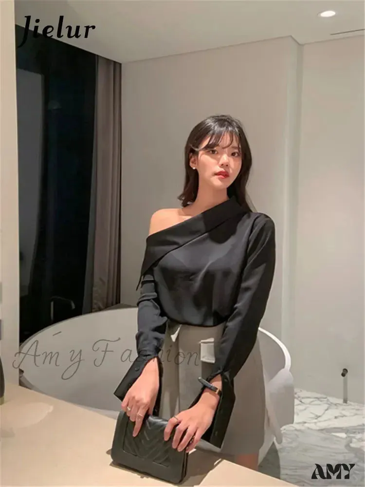 Office Korean Style Black One Shoulder Sexy Blouse