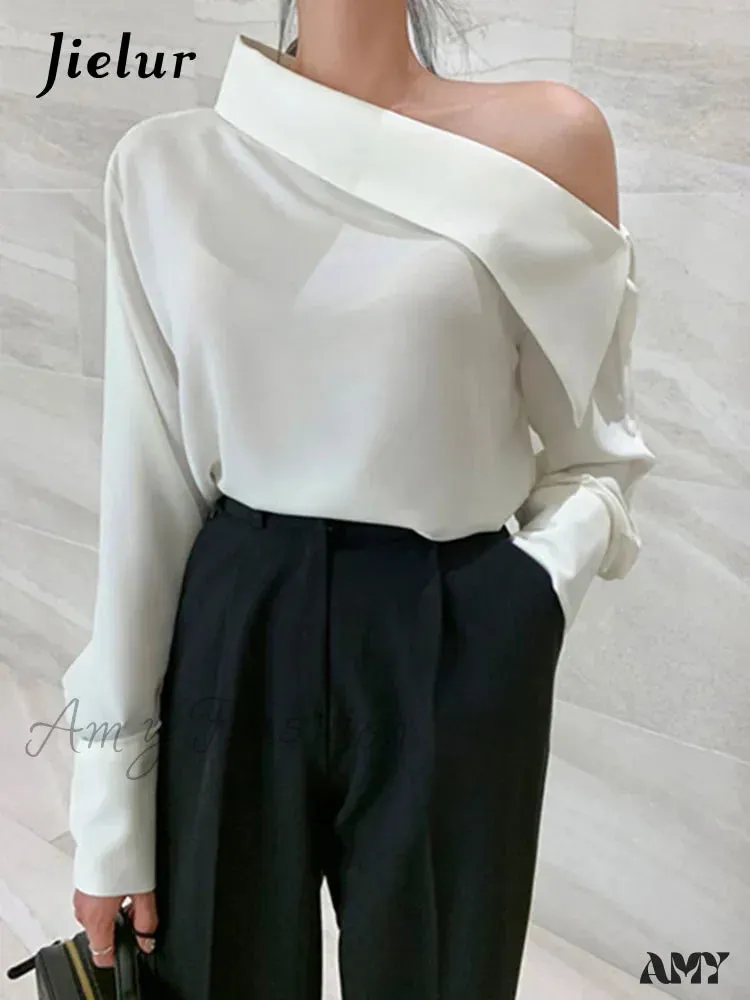 Office Korean Style Black One Shoulder Sexy Blouse