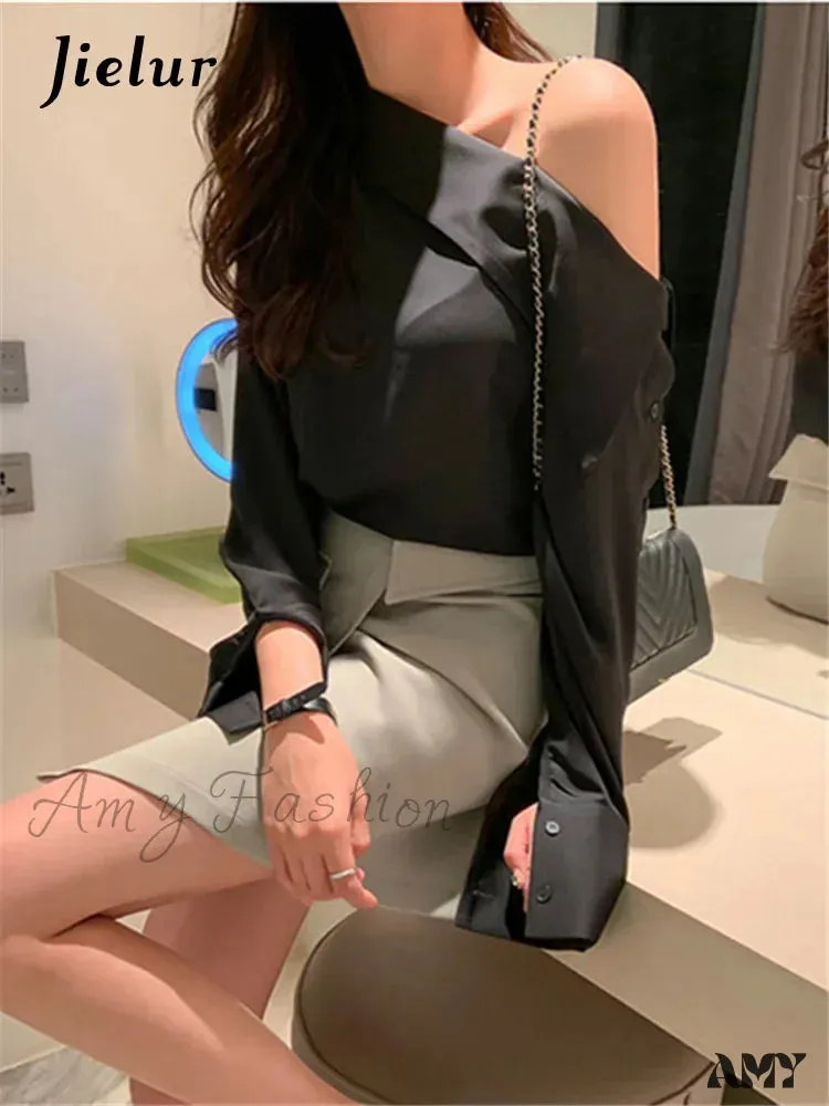 Office Korean Style Black One Shoulder Sexy Blouse