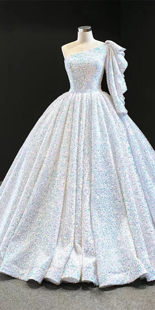 One Shoulder Ball Gown Sequin Prom Dresses, Quinceanera Dresses, 2021 Prom Dresses